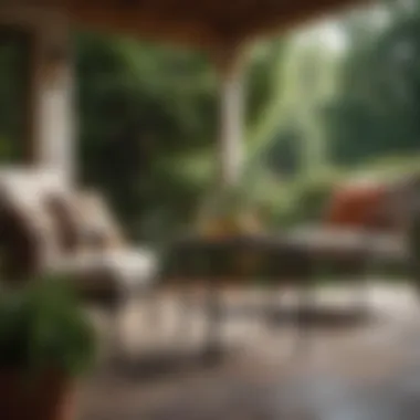 Elegant Patio Furniture Arrangement Elegant arrangement of patio furniture with a garden backdrop