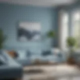 A serene living room painted in soft blue tones