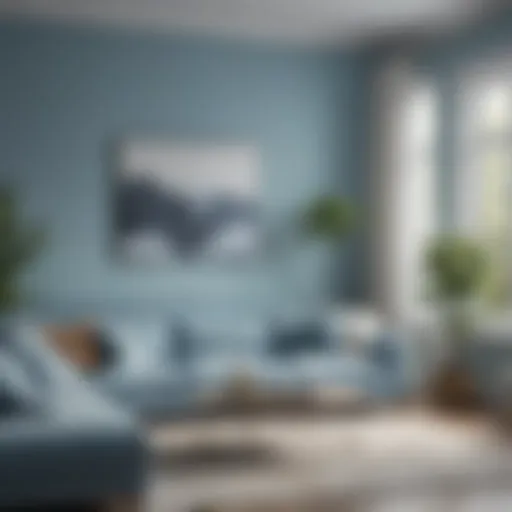 A serene living room painted in soft blue tones