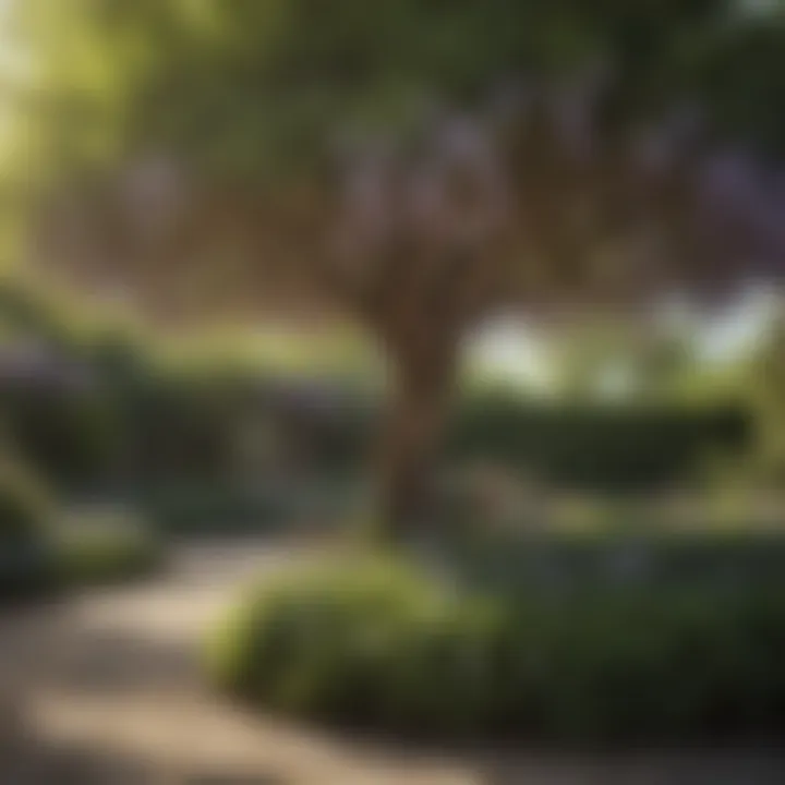 A beautifully landscaped garden featuring a wisteria tree as a focal point.