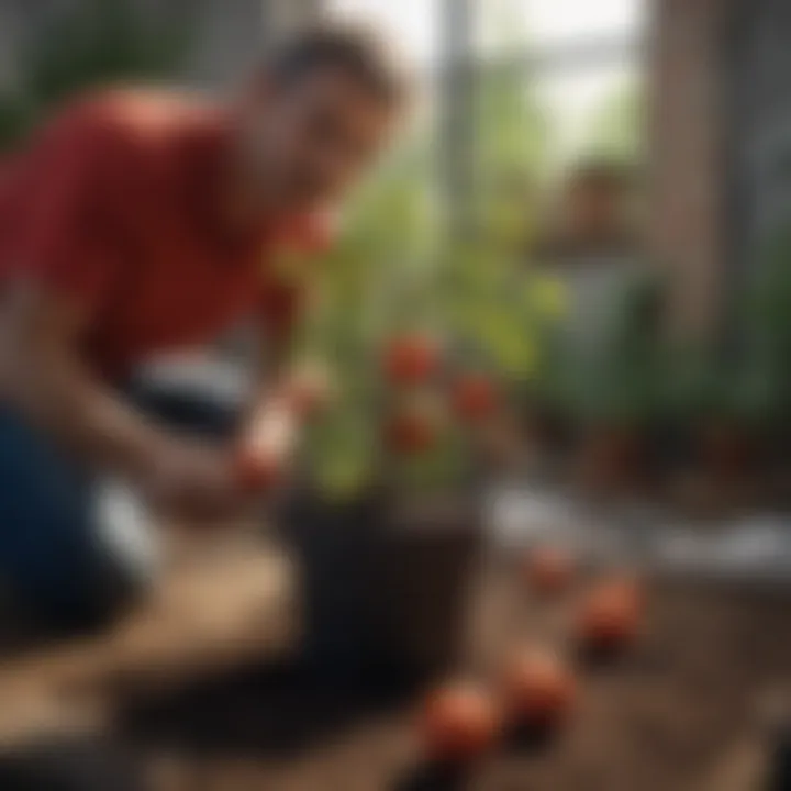 A gardener applying fertilizer to potted tomato plants.