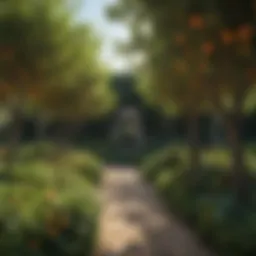 A lush garden with a variety of fruit trees