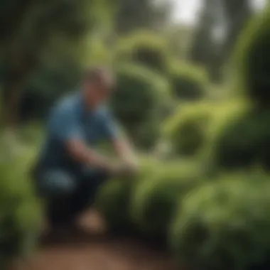 Gardener Nurturing Evergreen Shrubs Gardener tending to flowering evergreen shrubs in a beautiful garden