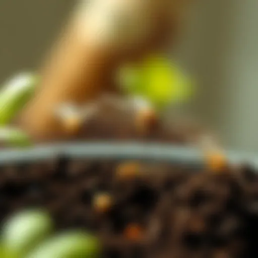 A close-up of fungus gnats hovering near soil