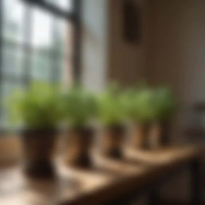 Herb pots arranged by a sunny window, highlighting optimal light exposure.