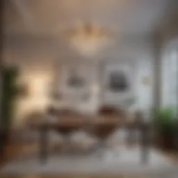 Sleek modern chandelier enhancing a minimalist home office