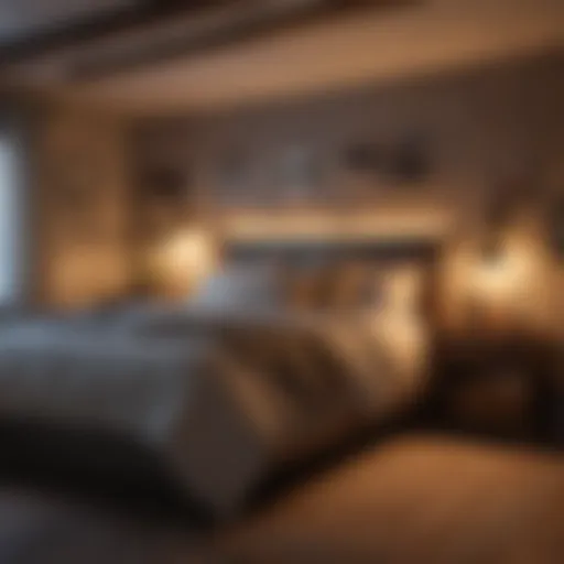 Cozy basement bedroom setup with warm lighting and decor