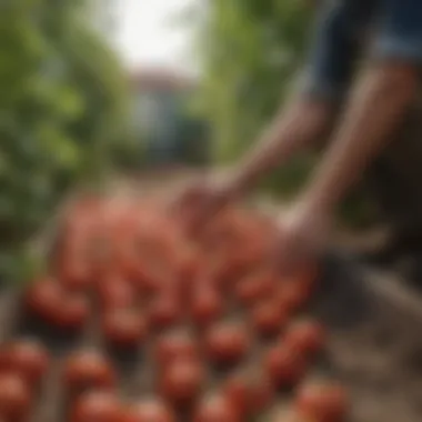 Harvesting ripe, red tomatoes from a raised bed garden