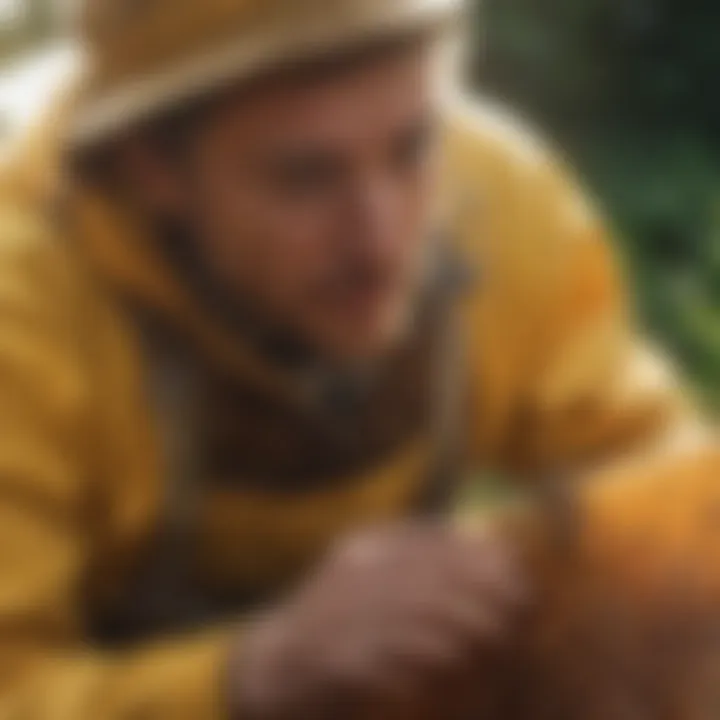 A beekeeper inspecting a hive filled with honeycomb