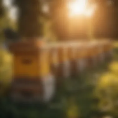 A serene apiary with several hives in a sunlit field