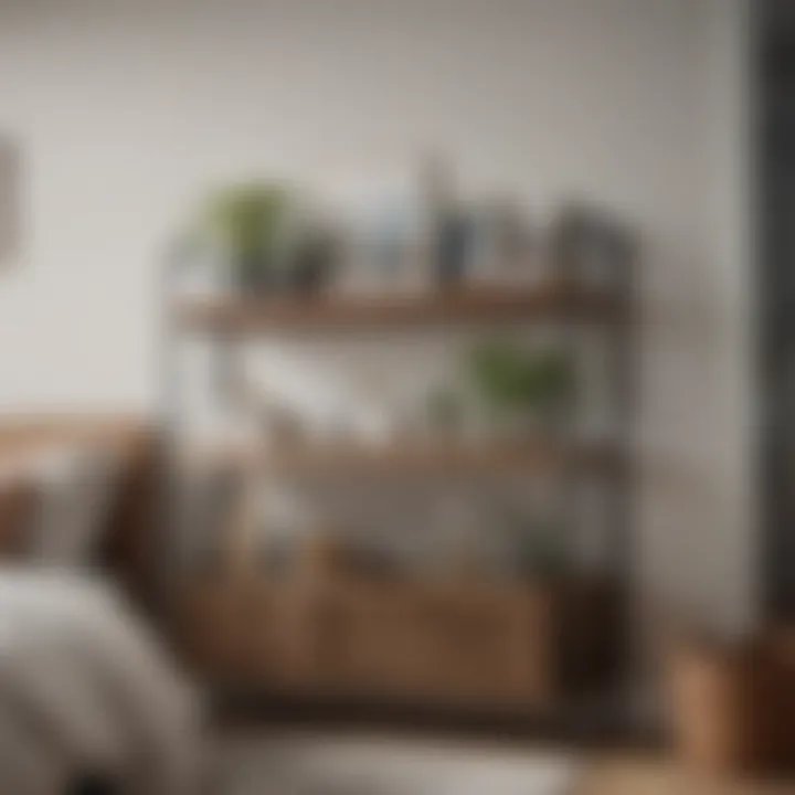 A chic bedroom featuring a combination of baskets and open shelving