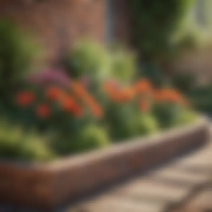 Rustic brick raised flower bed surrounded by greenery