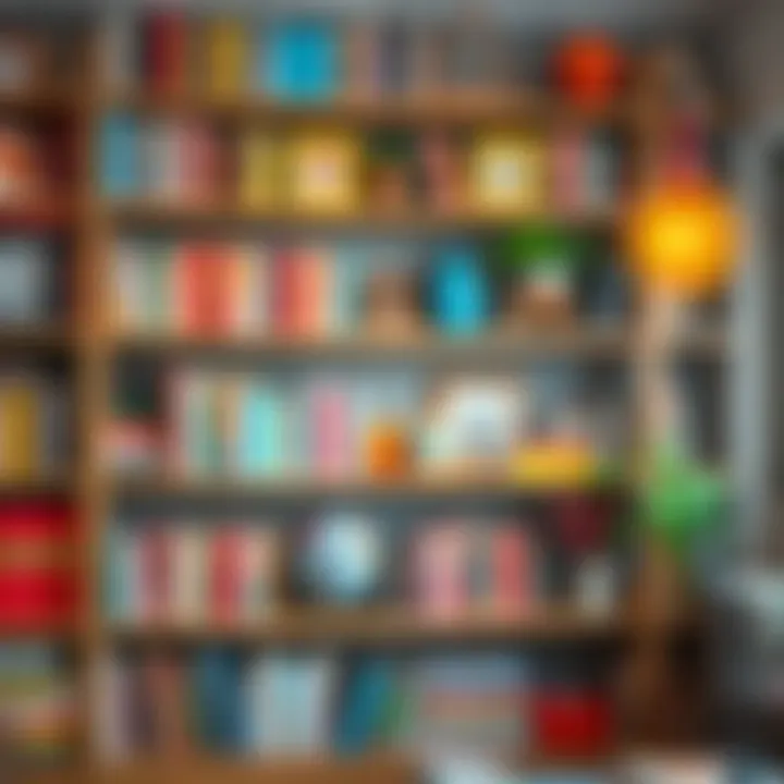 Vibrant and Eclectic Bookshelf A vibrant bookshelf filled with colorful books and decorative items