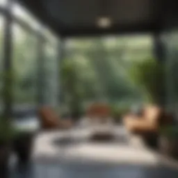 Spacious sunroom with modern furniture and greenery