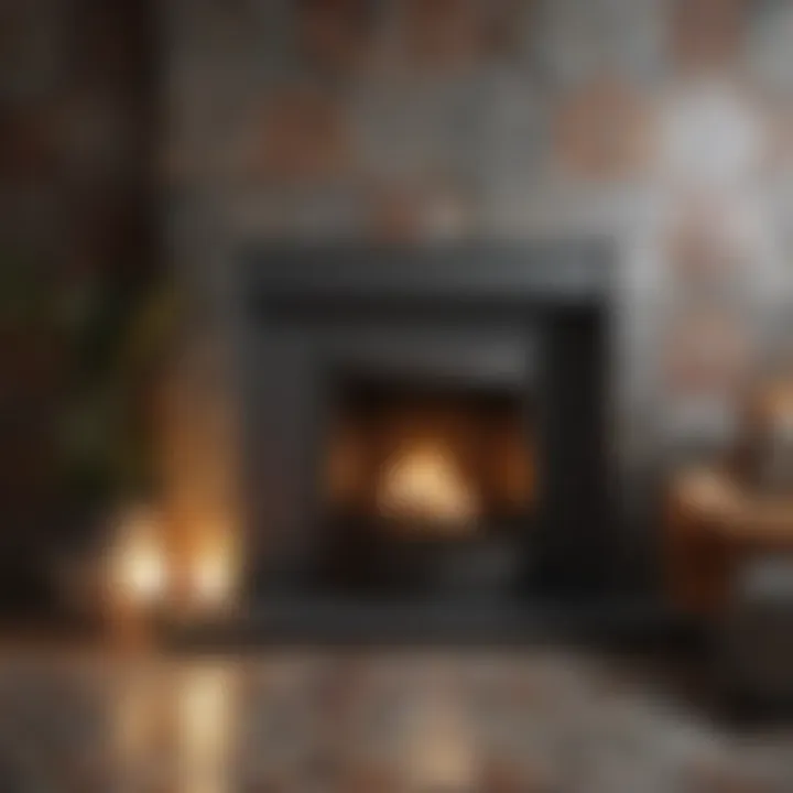 Contemporary fireplace featuring bold patterned tiles