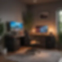 A modern gaming setup with RGB lighting and ergonomic furniture