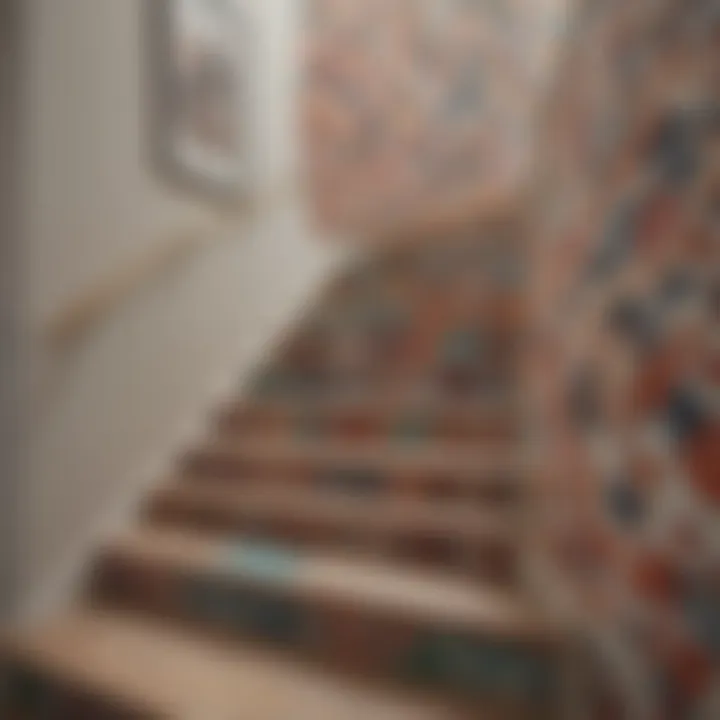 Vibrant staircase wall painted with geometric patterns