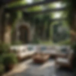 Lush garden patio with stone walls and comfortable seating.