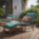 Contemporary wood deck lounge chairs with vibrant cushions