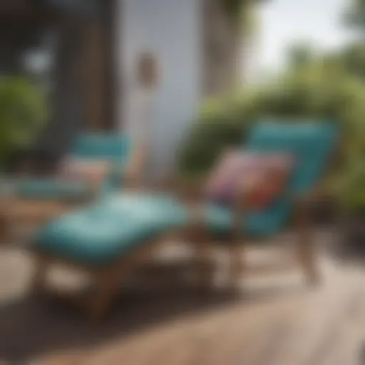 Contemporary wood deck lounge chairs with vibrant cushions