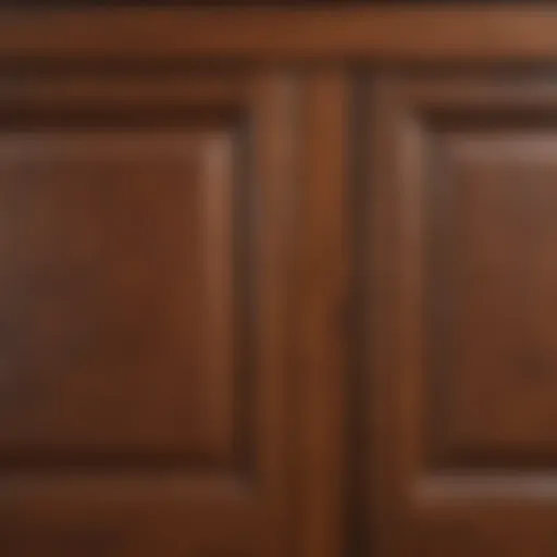 Close-up of freshly stained kitchen cabinet wood showing rich colors and textures.