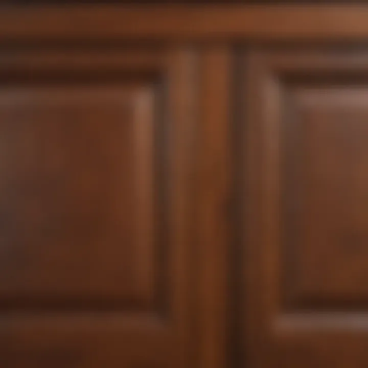 Close-up of freshly stained kitchen cabinet wood showing rich colors and textures.