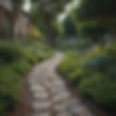 A serene front yard with a pathway bordered by lush greenery