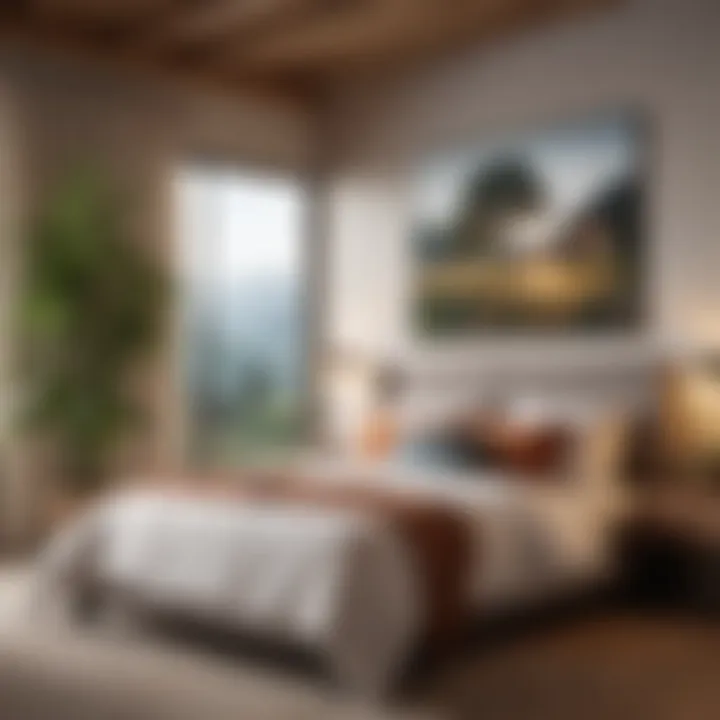 Cozy bedroom with a large landscape painting creating a serene atmosphere