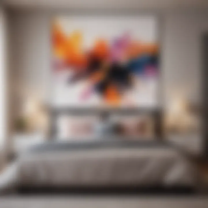 Elegant large abstract painting above a bed in a modern bedroom