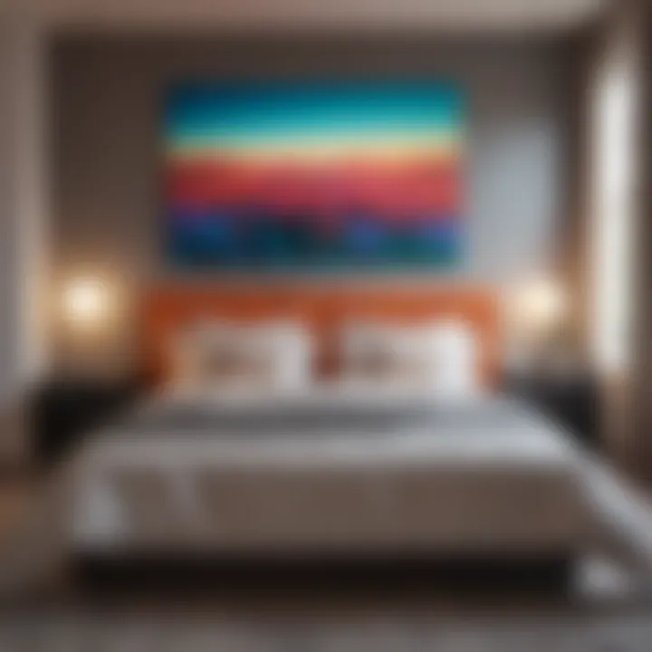 Vibrant large art piece above a bed that adds color to a minimalist bedroom