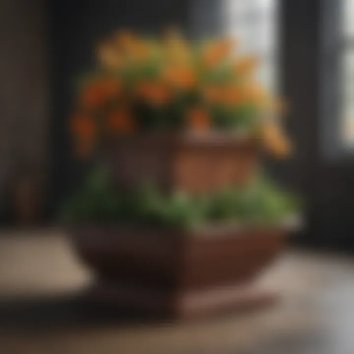 Diverse materials used in large square flower planters