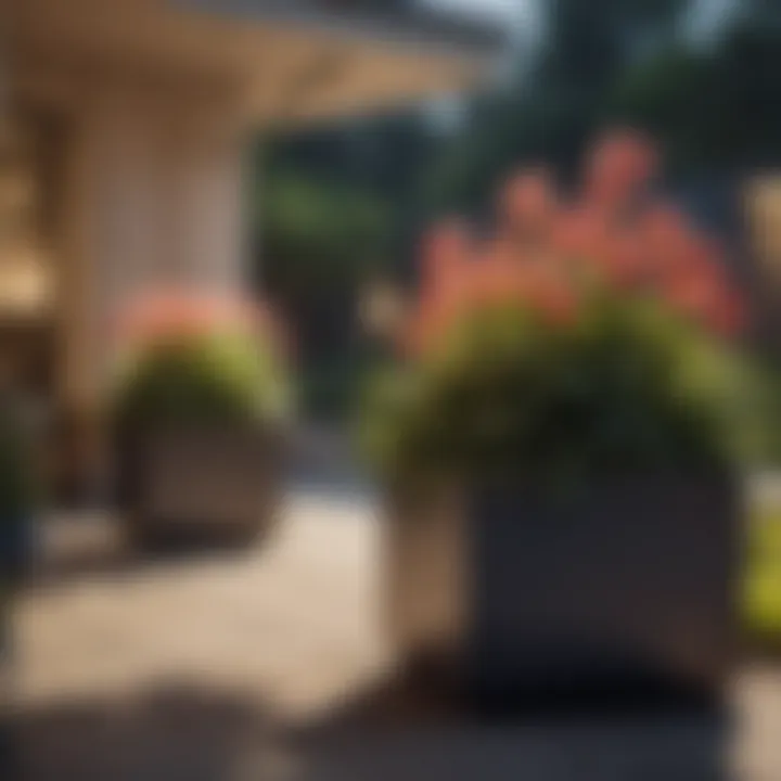 Strategic placement of large square flower planters in outdoor space