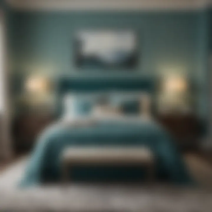 A cozy bedroom adorned with Mayo Teal accents and furnishings.