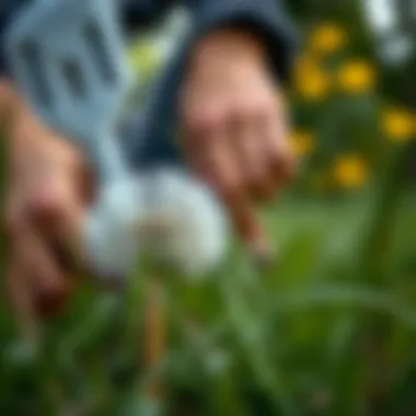 Precision in Manual Dandelion Removal Close-up of manual dandelion removal