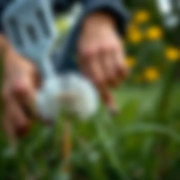 Precision in Manual Dandelion Removal Close-up of manual dandelion removal