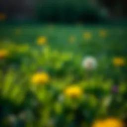 Vibrant green lawn with dandelions