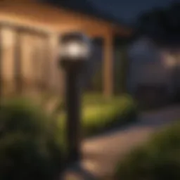 A close-up of a modern mosquito killer light in action, illuminating a backyard at night.