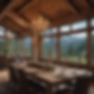 Elegant dining area featuring timber accents and mountain views