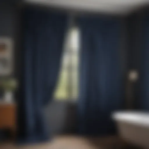 Elegant navy blue curtain draping elegantly over a bathroom window