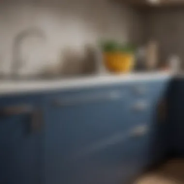 Close-up of navy cabinetry with stylish white countertop finish