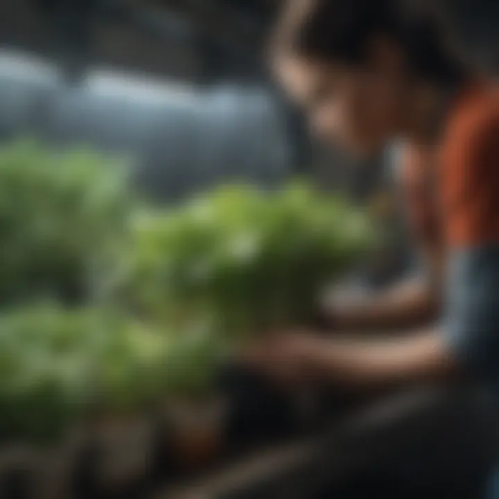 Gardener tending to container plants with care