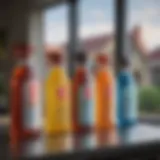 A variety of window cleaning liquids showcasing their different colors and textures