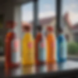 A variety of window cleaning liquids showcasing their different colors and textures