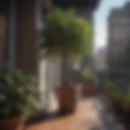 Lush potted tree thriving in urban balcony setting