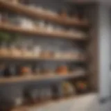 Stylish open shelving in a modern kitchen pantry