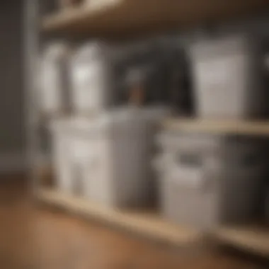 Close-up of labeled bins and baskets used for closet organization