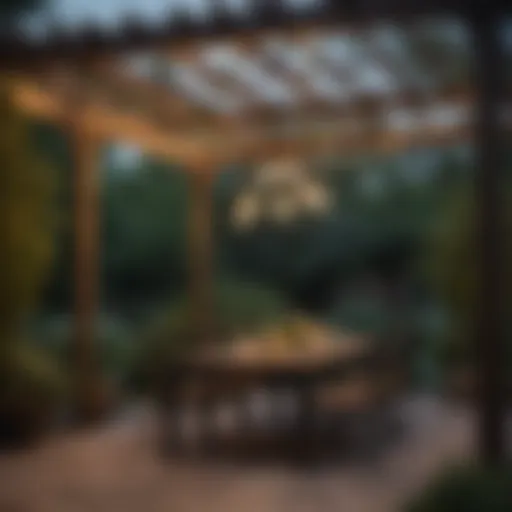 Elegant outdoor pergola chandelier illuminating a garden setting
