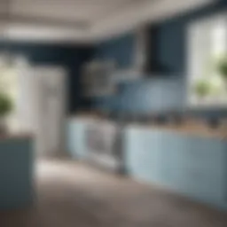Serene blue kitchen with white cabinets