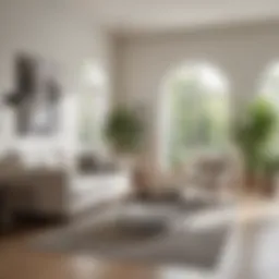 A serene living room featuring a soft white paint on the walls, accentuated by natural light.