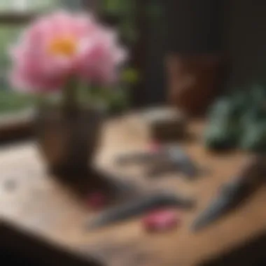 Essential tools for pruning tree peonies displayed on a wooden table